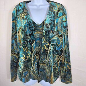 VTG XScape Womens Cardigan Set Sz XL Peacock Blue Gold Paisley V Neck Velvet